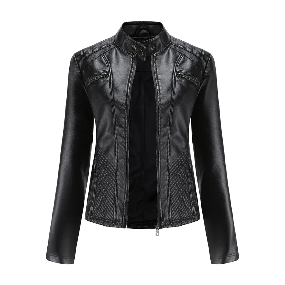 Chic Synthetic Leather Biker Jacket for Women