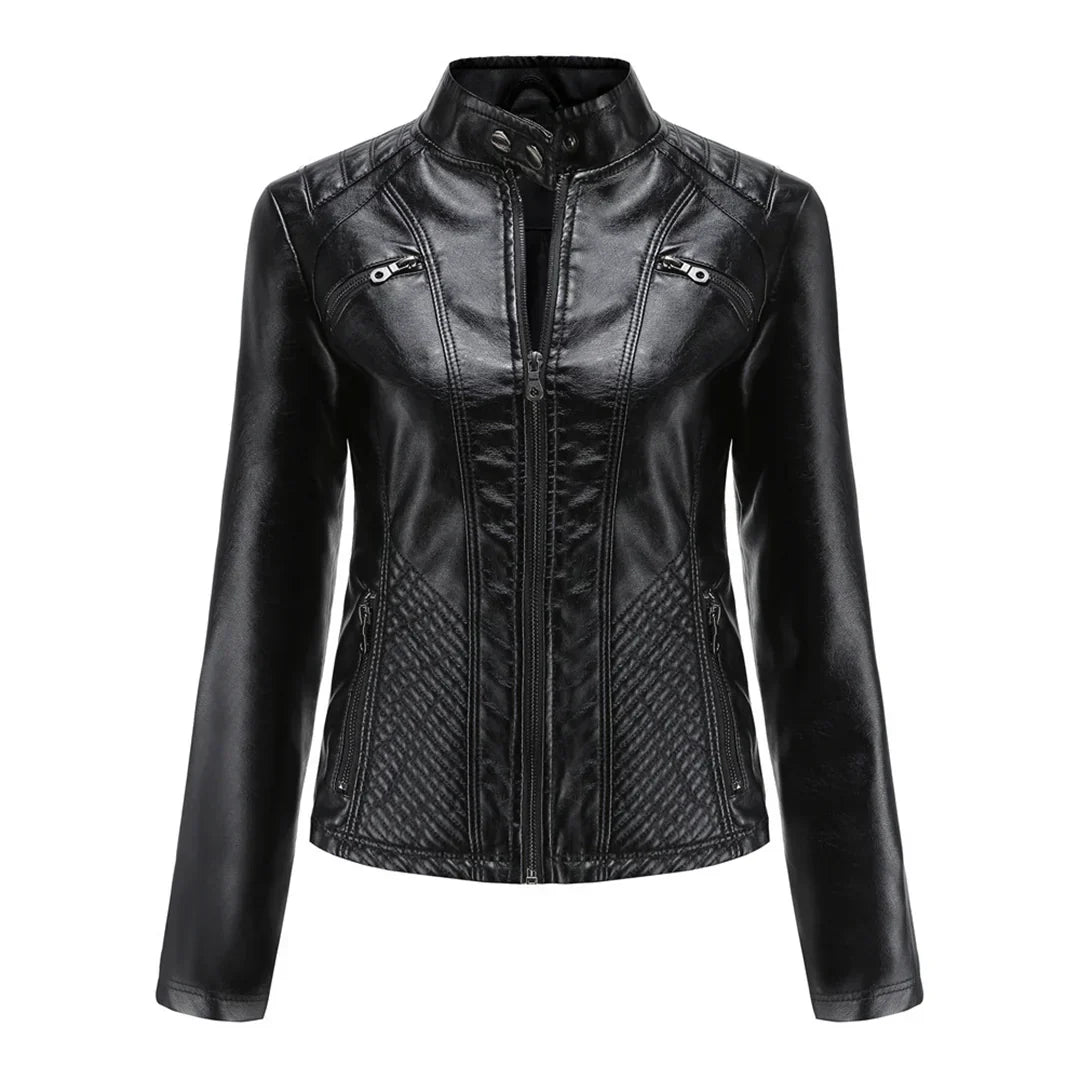 Chic Synthetic Leather Biker Jacket for Women - Olytrend