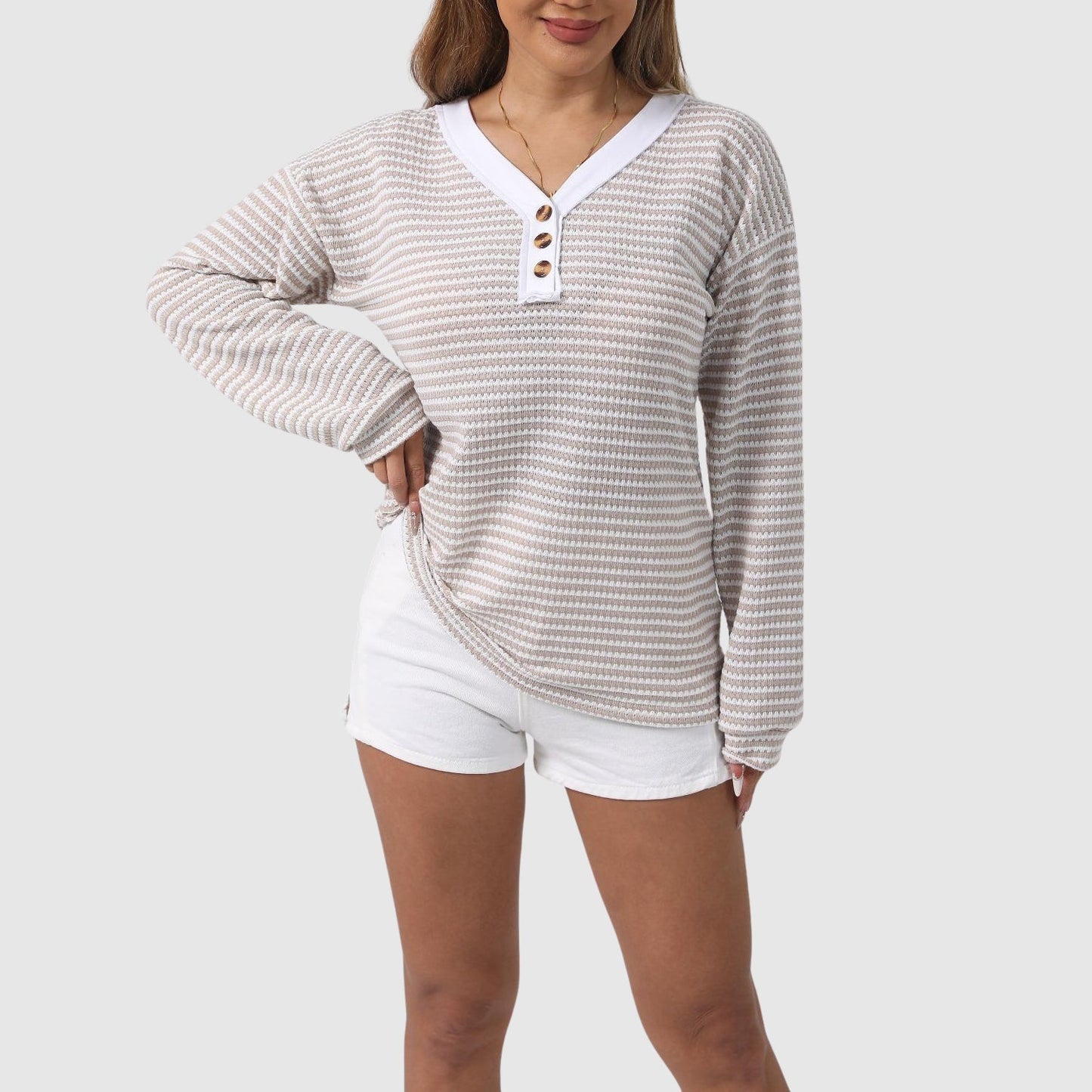 Casual Striped Button Front Sweater - Nocini
