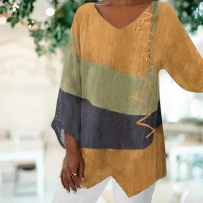 Loose Fit V Neck Blouse with 3/4 Sleeves