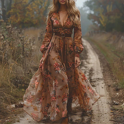 Ladies Flowy Floral Long Dress with V-Neck and Belted Waist