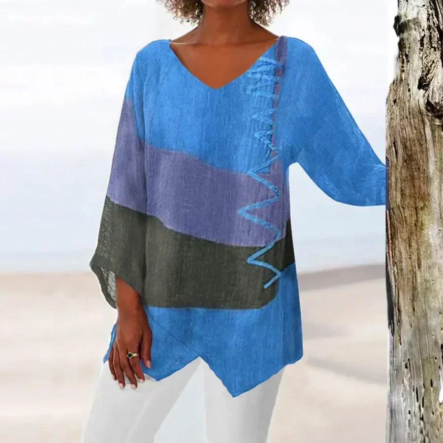 Loose Fit V Neck Blouse with 3/4 Sleeves - Nocini