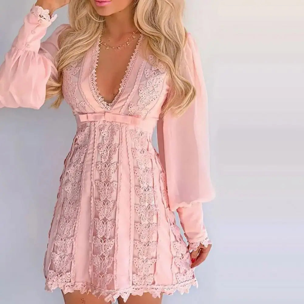 Women's V Neck Lace Evening Dress with Long Sleeves - Nocini