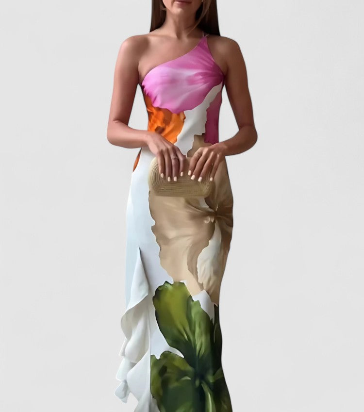 Luxury Women's Maxi Evening Dress with Asymmetric Hem - Nocini
