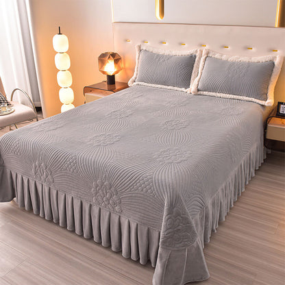 Quilted Bed Skirt Set With Plush Fleece Trim