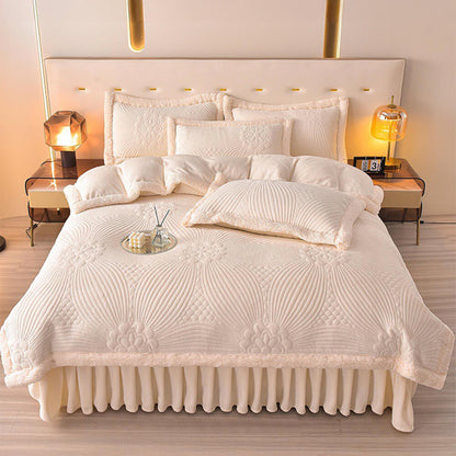Quilted Bed Skirt Set With Plush Fleece Trim