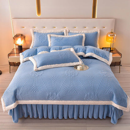 Quilted Bed Skirt Set With Plush Fleece Trim