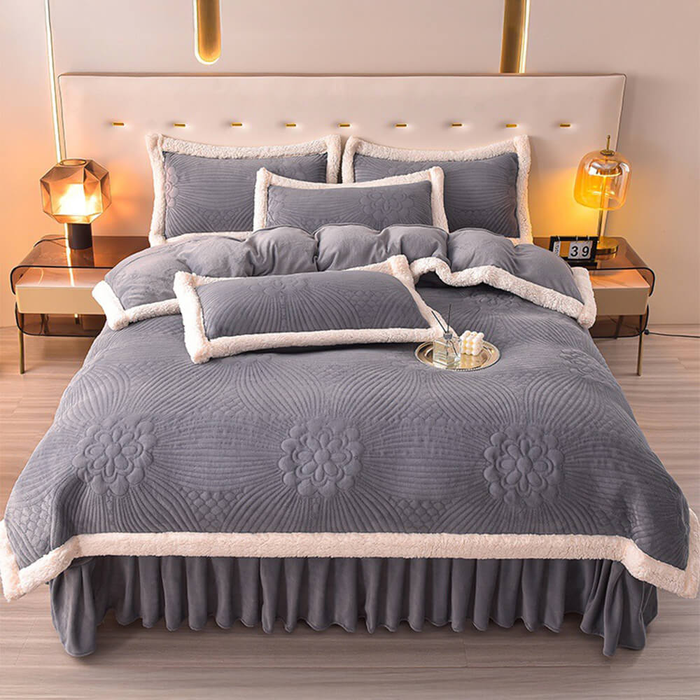 Quilted Bed Skirt Set With Plush Fleece Trim
