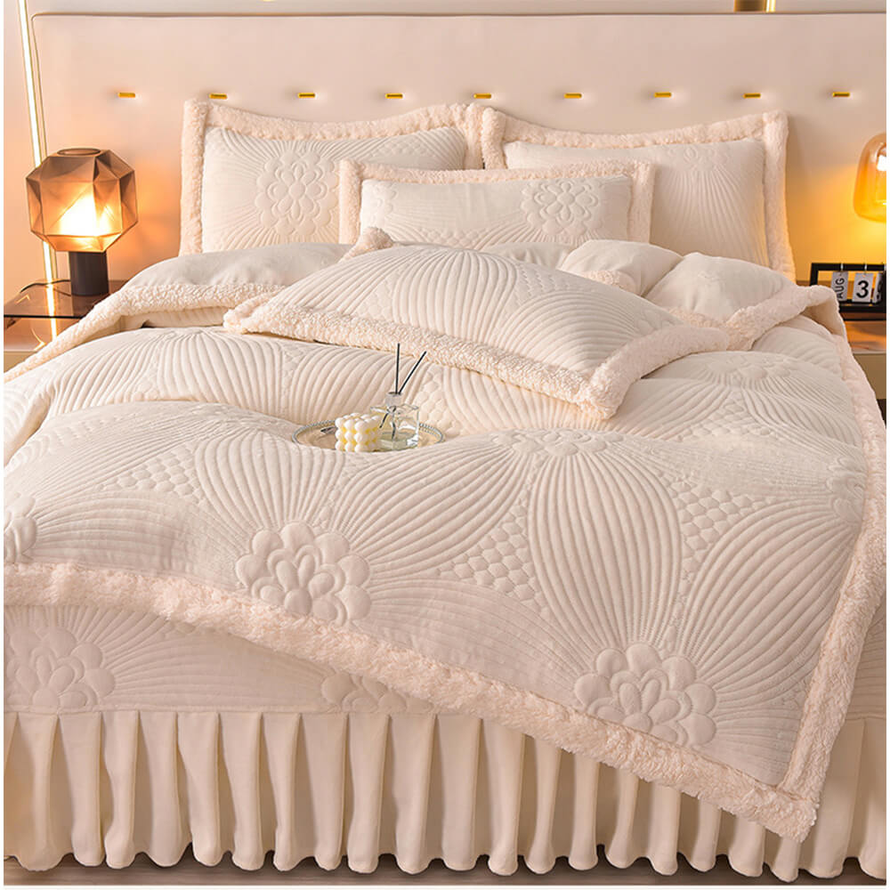 Quilted Bed Skirt Set With Plush Fleece Trim
