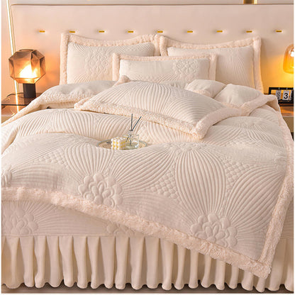 Quilted Bed Skirt Set With Plush Fleece Trim