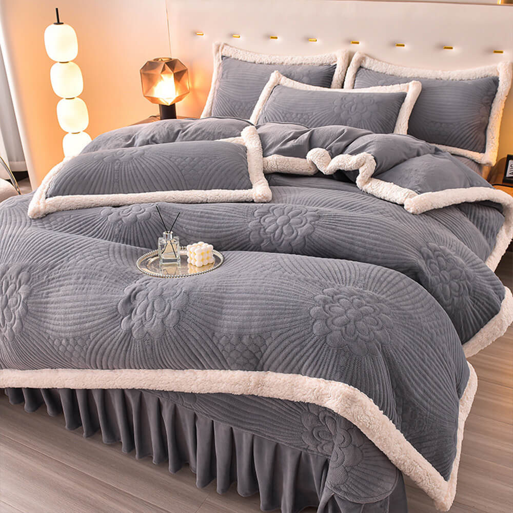 Quilted Bed Skirt Set With Plush Fleece Trim