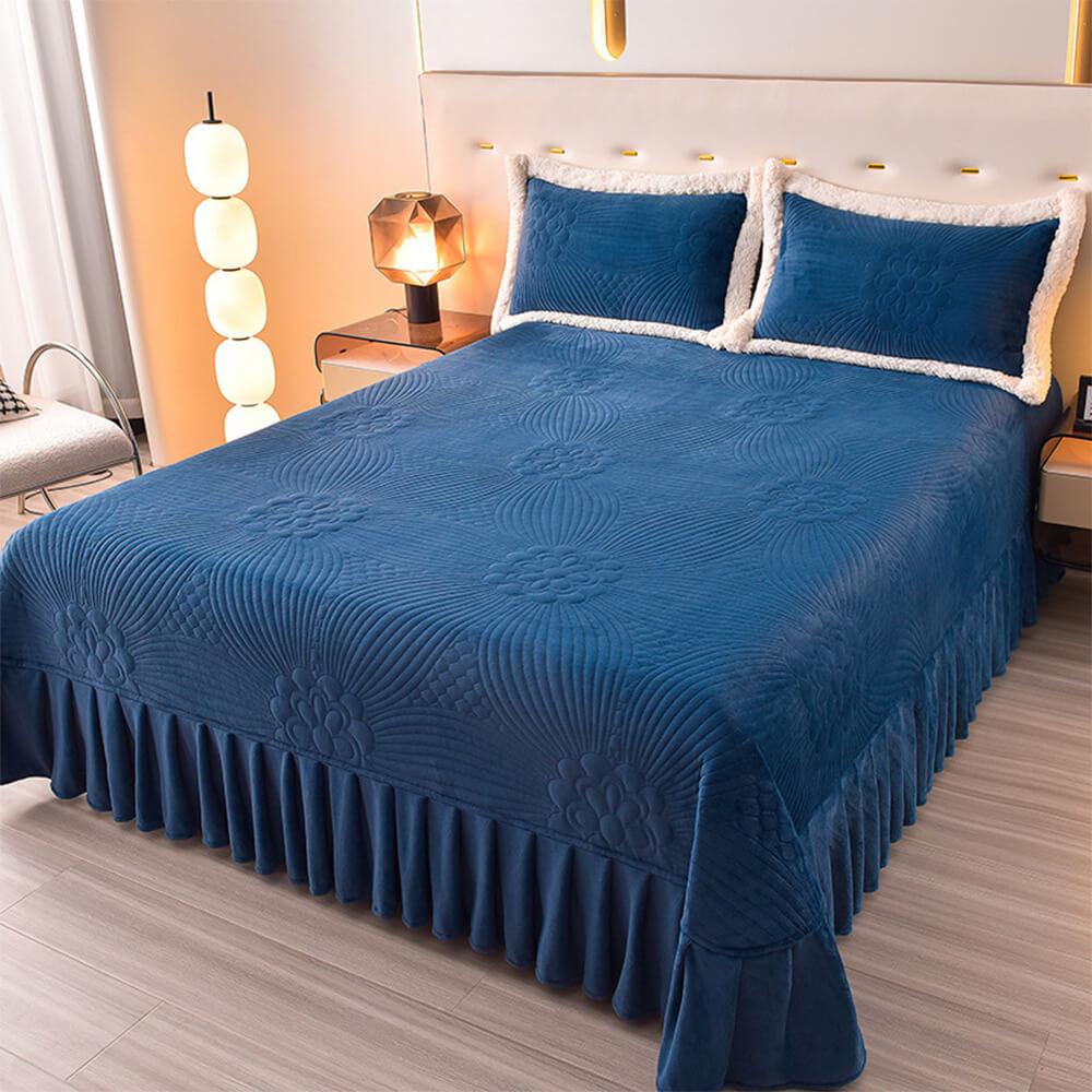 Quilted Bed Skirt Set With Plush Fleece Trim