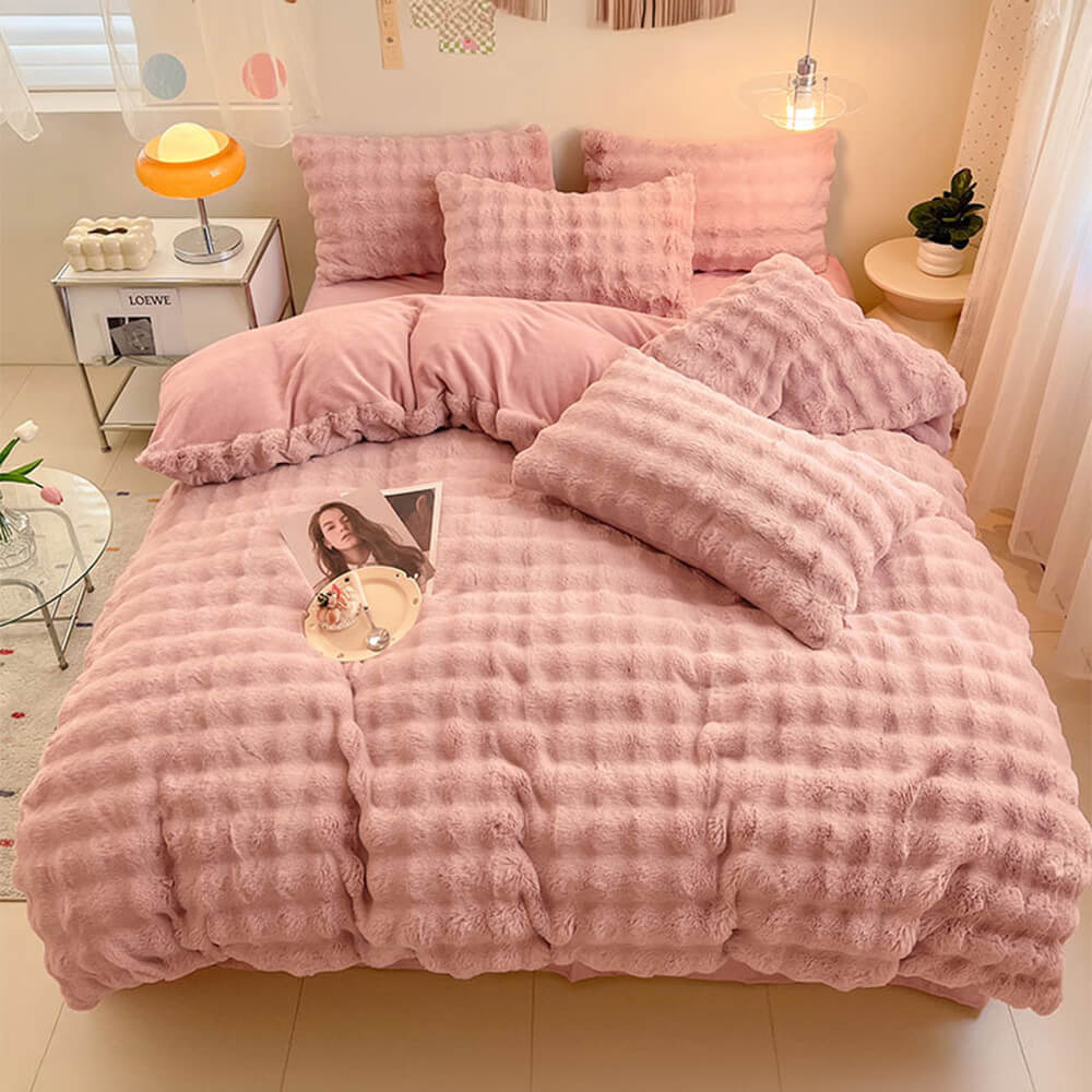 Faux Rabbit Fur Bed Sheet Set With Plush Texture