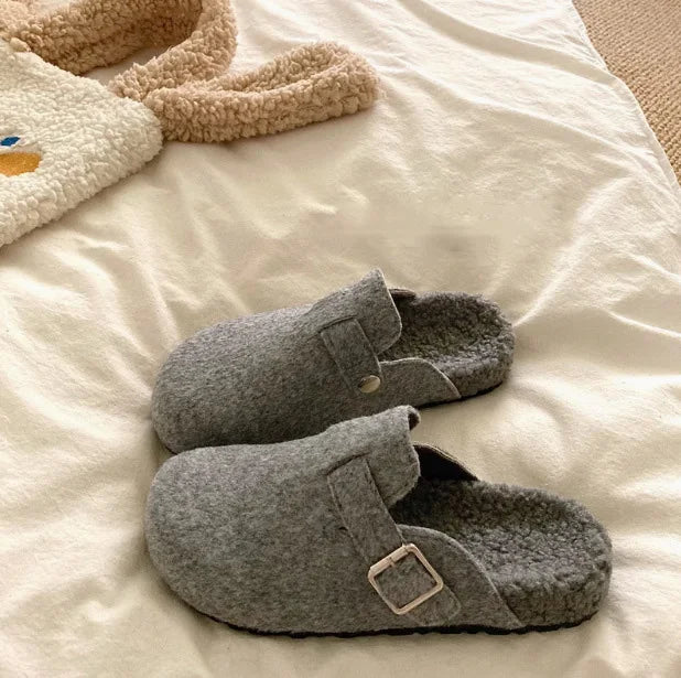 Cozy Faux Fur Mules for Women with Buckle Detail