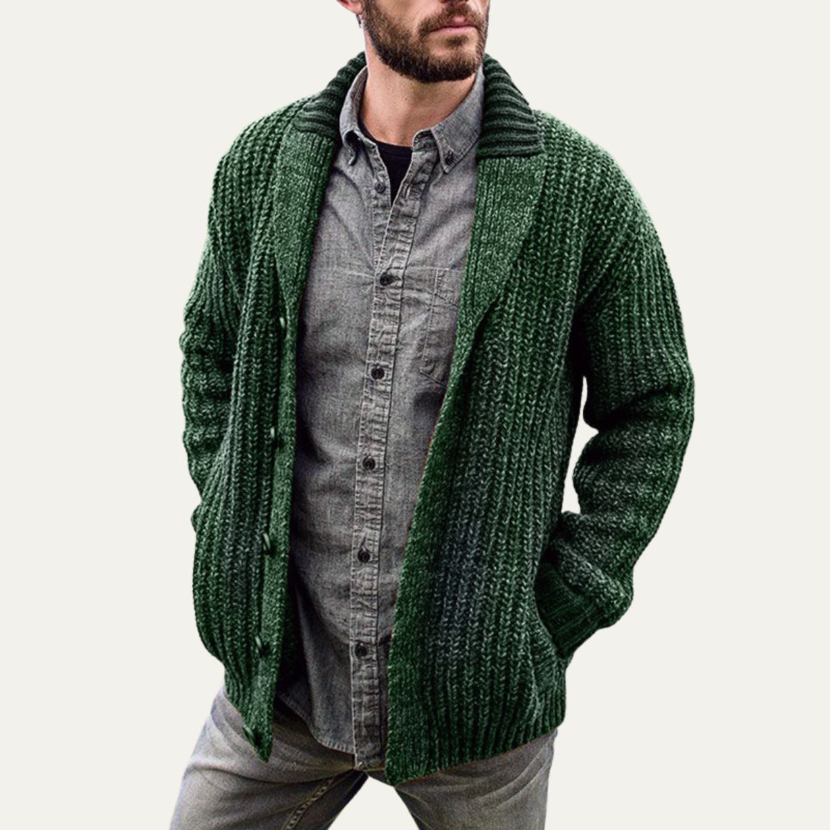 Thick Knit Crew Neck Men's Cardigan Sweater