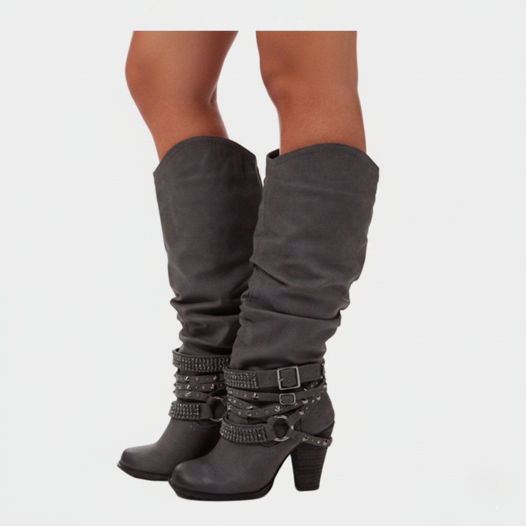 Tall Women's Slouch Boots with Block Heel and Buckle Details - Nocini