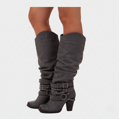 Tall Women's Slouch Boots with Block Heel and Buckle Details - Nocini