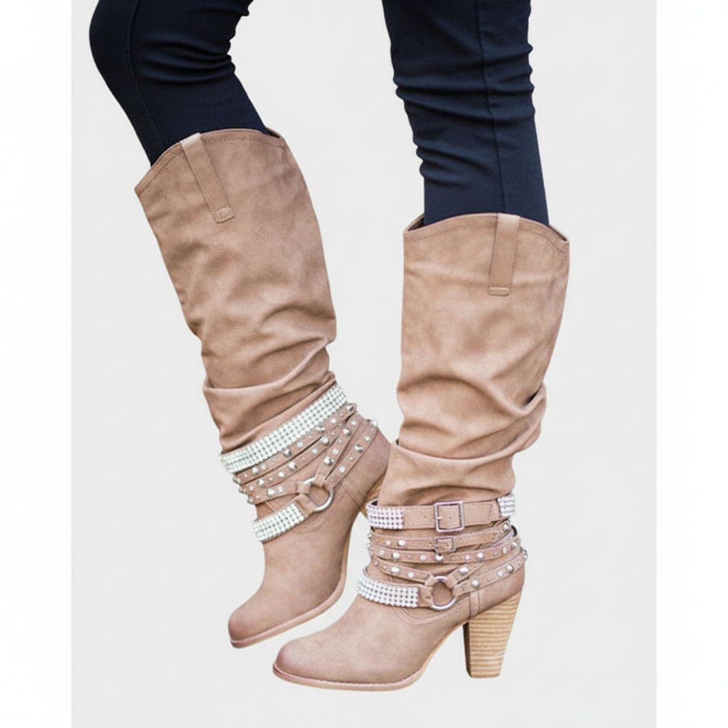 Tall Women's Slouch Boots with Block Heel and Buckle Details