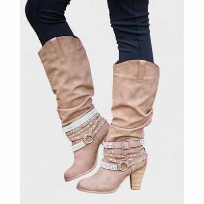Tall Women's Slouch Boots with Block Heel and Buckle Details