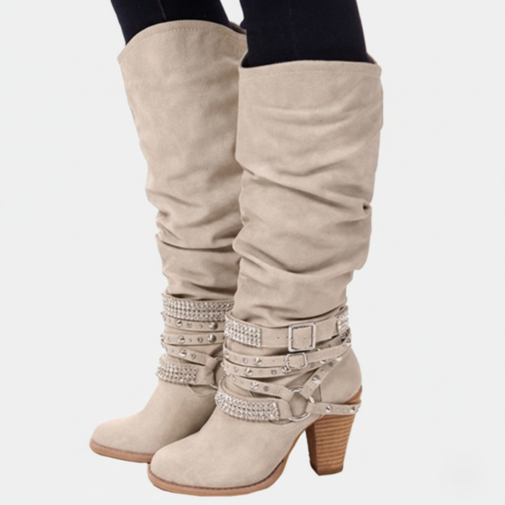 Tall Women's Slouch Boots with Block Heel and Buckle Details