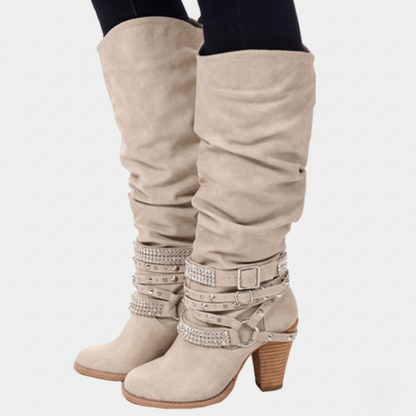 Tall Women's Slouch Boots with Block Heel and Buckle Details