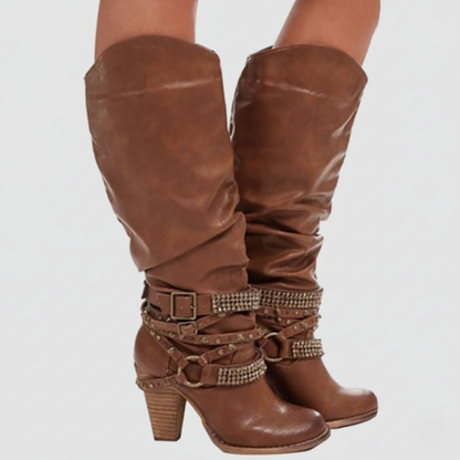 Tall Women's Slouch Boots with Block Heel and Buckle Details