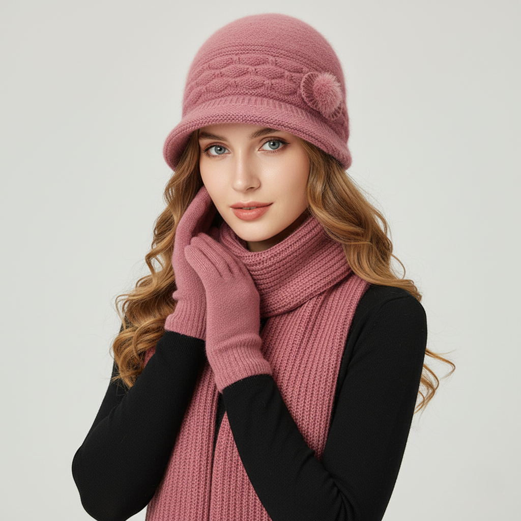 Soft Knit Winter Cloche Hat with Pom Pom Detail