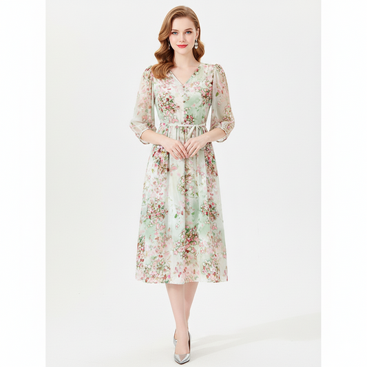 Pretty Floral Knee Length V Neck Dress - Nocini