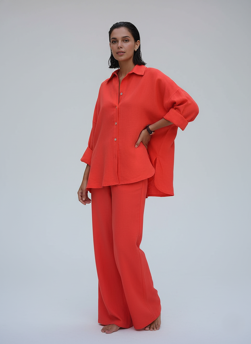 Relaxed Fit Linen Long Sleeve Shirt and Pants Set