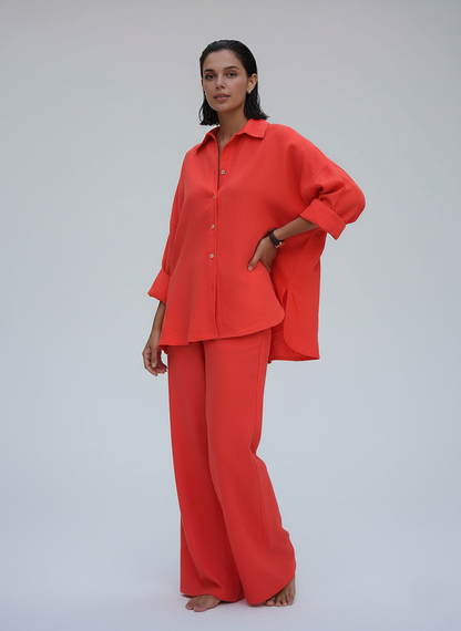 Relaxed Fit Linen Long Sleeve Shirt and Pants Set