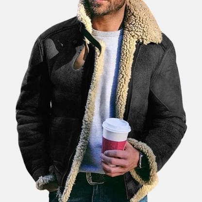 Men's Real Leather Sheepskin Coat with Thick Fleece Lining