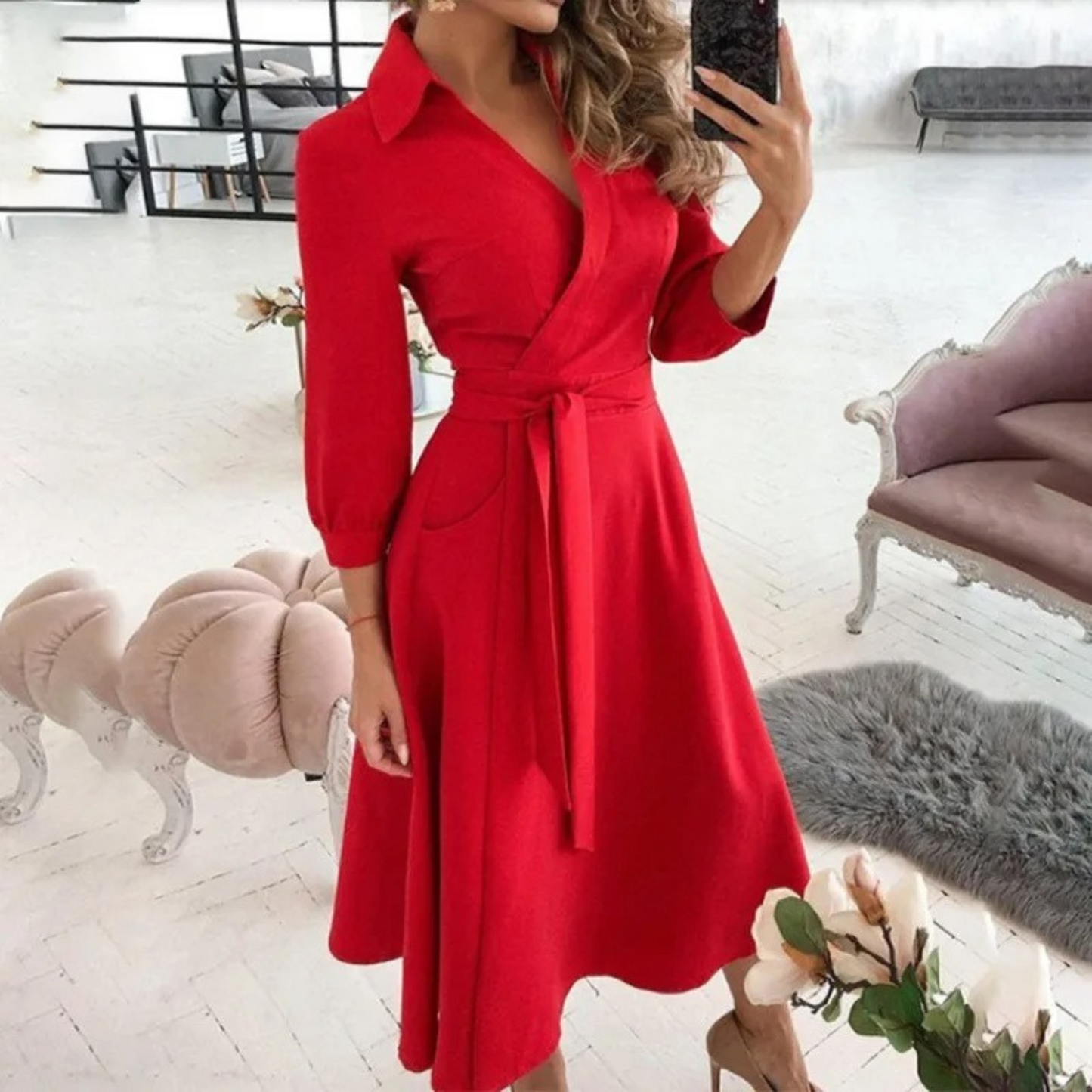 Ladies' Long Sleeve Midi Wrap Dress