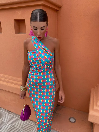 Fashionable Asymmetrical Print Midi Dress for Women