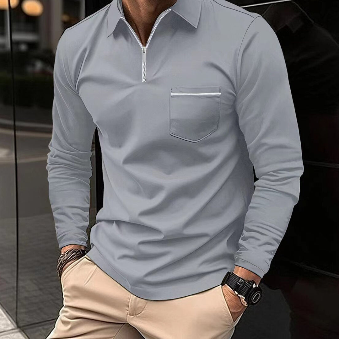 Men's Long Sleeve Polo Shirt with Zip Pocket