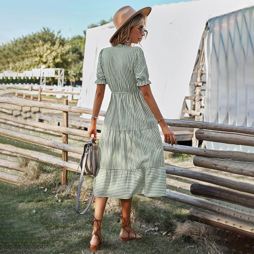 Casual V-neck Summer Dress with Puff Sleeves