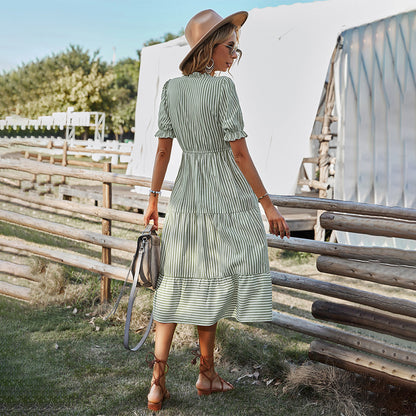 Colorful Warm Weather Dress with Bell Sleeves and V Neck