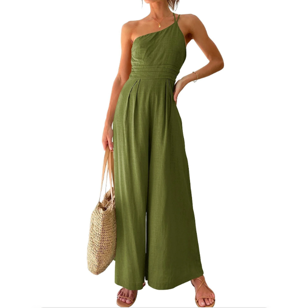 Women's Sleeveless Wide Leg Jumpsuit Comfortable One Shoulder Design