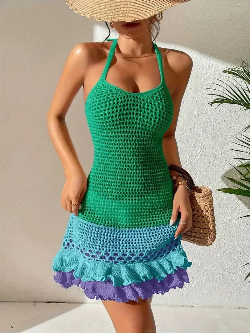 Ladies Summer Crochet Dress with Ruffles and Open Back
