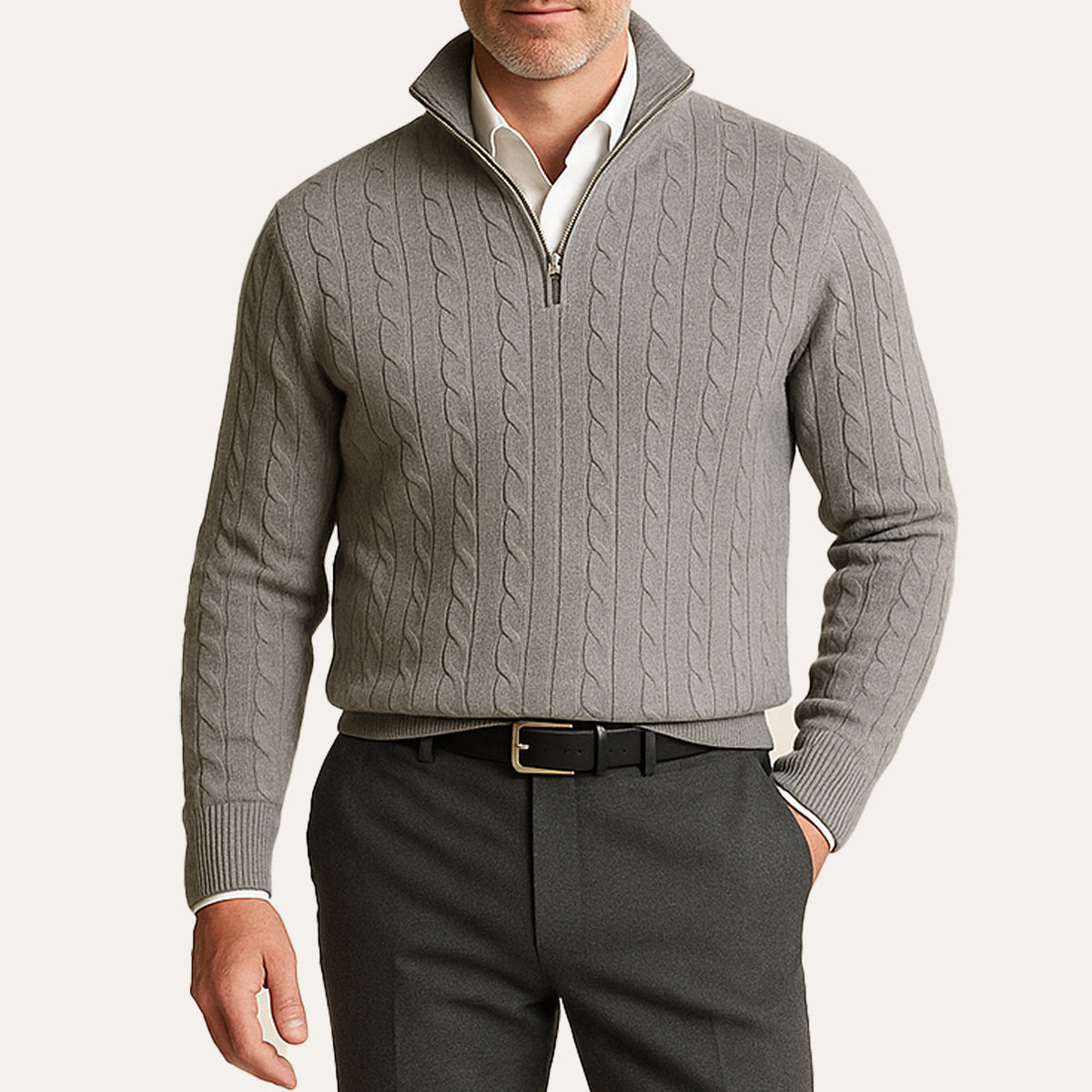 Classic Cable Knit Zip Sweater for Men