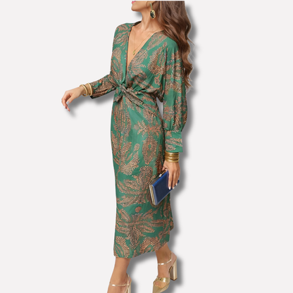 Floral Knee Length Dress with Tie Waist and Low Neckline - Olytrend