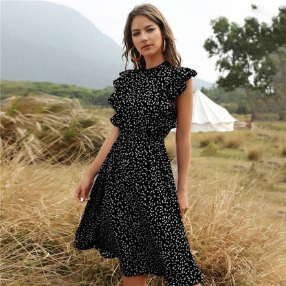 Feminine A-Line Summer Dress with Ruffles and High Neck