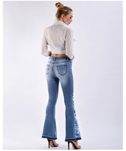Ladies Comfortable Flare Jeans with Floral Details