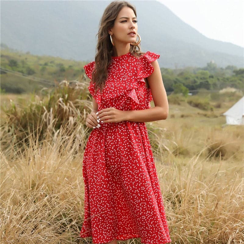 Feminine A-Line Summer Dress with Ruffles and High Neck - Nocini