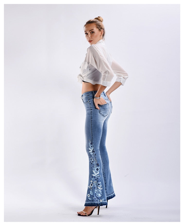 Ladies Comfortable Flare Jeans with Floral Details