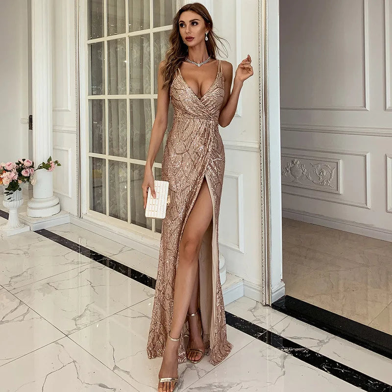 Elegant Womens Evening Gown with V Neckline Slit - Nocini