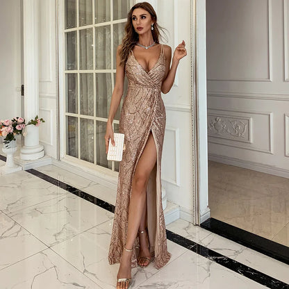 Elegant Womens Evening Gown with V Neckline Slit - Nocini