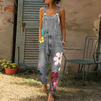 Trendy Blue Jeans Jumpsuit with Flower Print
