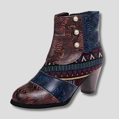 Classic Flower Pattern Ankle Boot with Thick Heel
