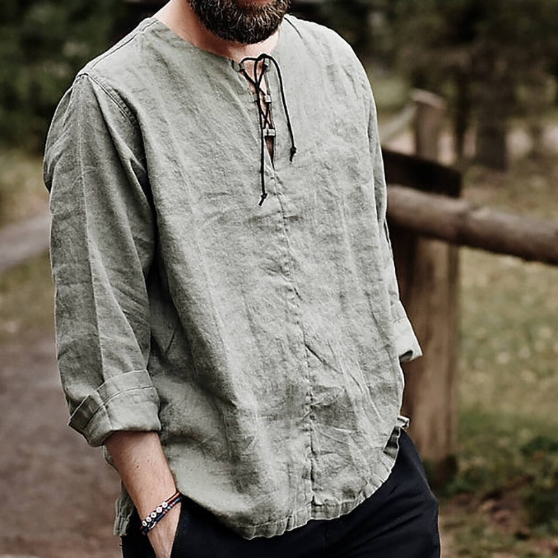 Relaxed Fit Linen V Neck Shirt for Men