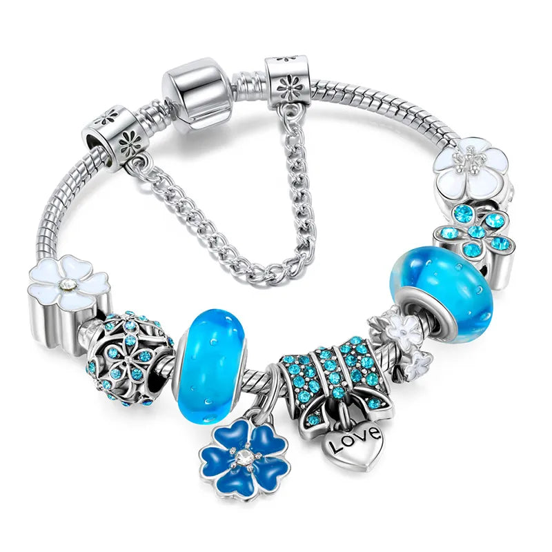 Sparkling Silver Tone Heart Charm Bracelet - Olytrend